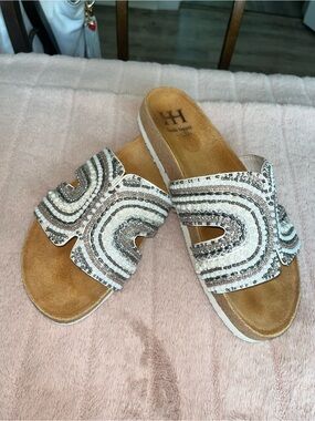 Haute Hippie White and Silver Beaded Slide Sandals